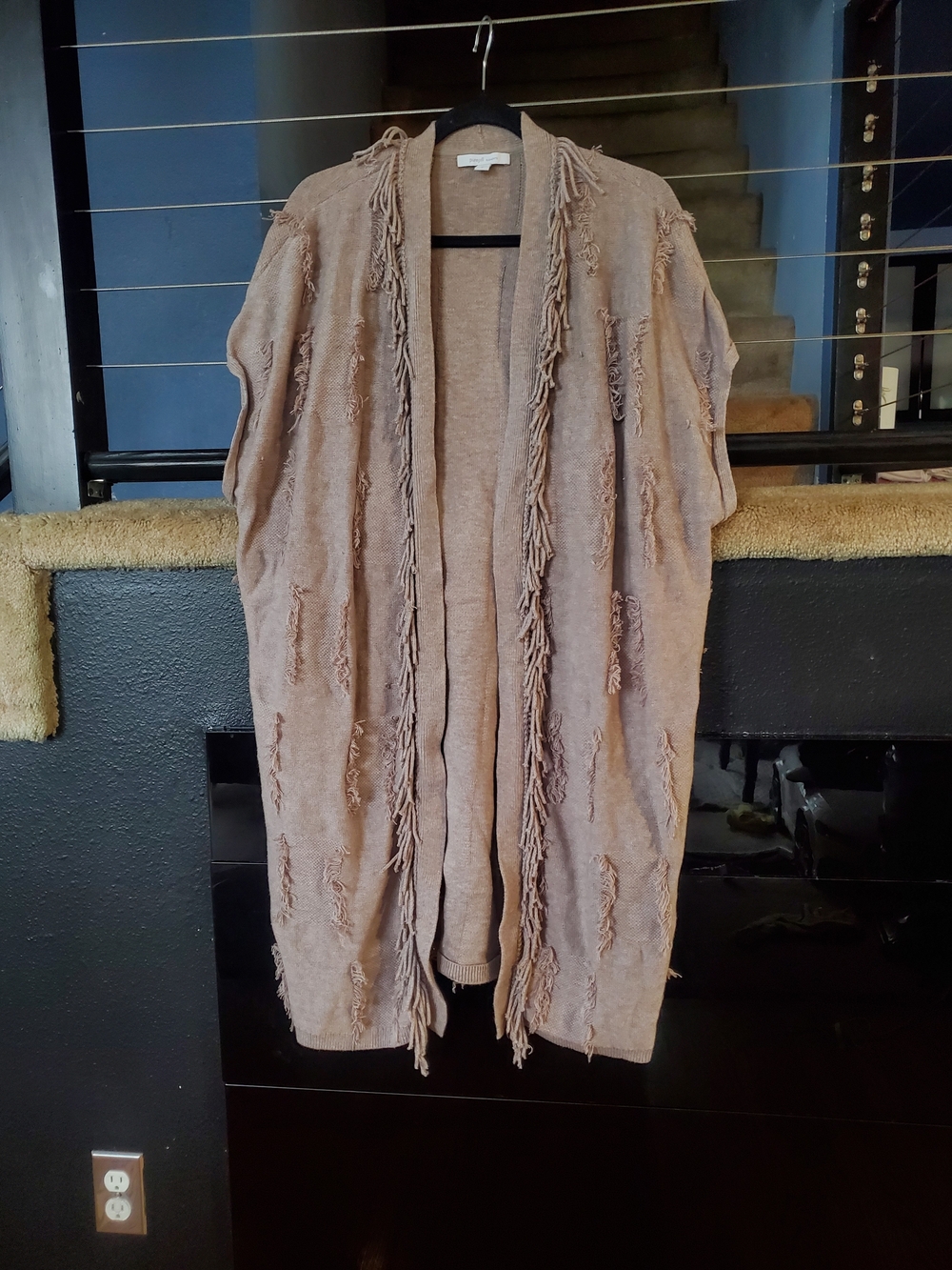 Open-Front Fringed Cardigan in Taupe